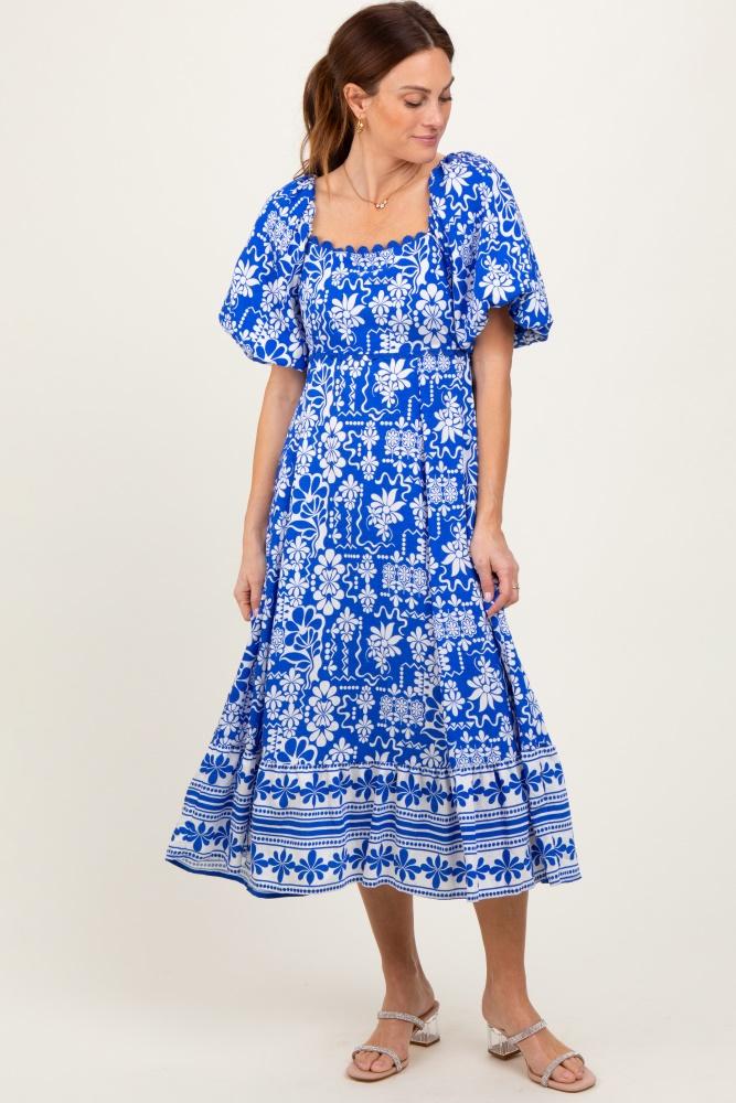 blue floral scallop trim midi dress