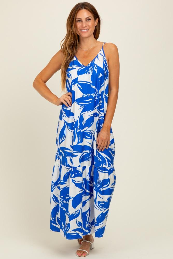 blue floral scoop tie back maxi dress