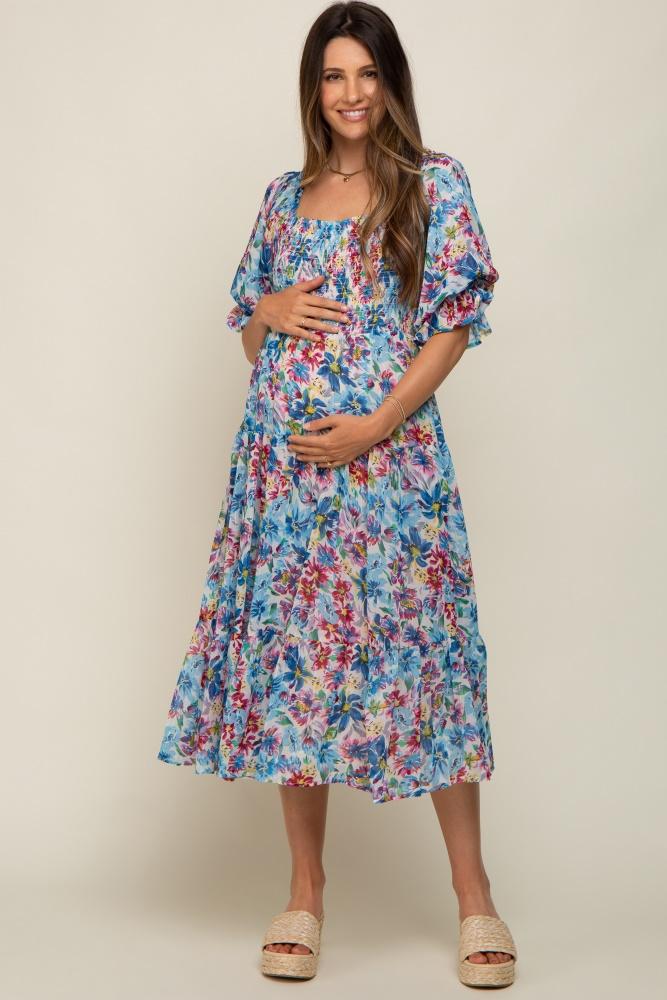 blue floral shimmer chiffon ruffle square neck smocked maternity midi dress