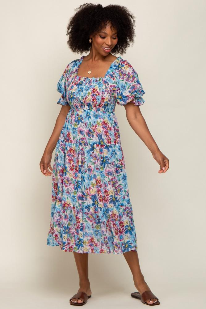 blue floral shimmer chiffon ruffle square neck smocked midi dress