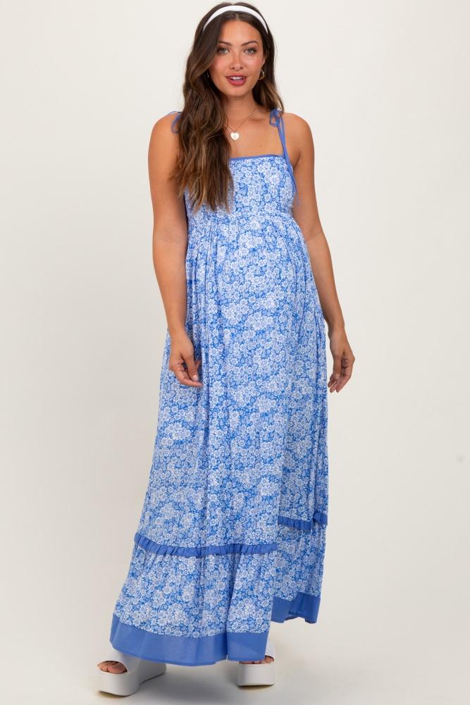 blue floral shoulder tie maternity maxi dress