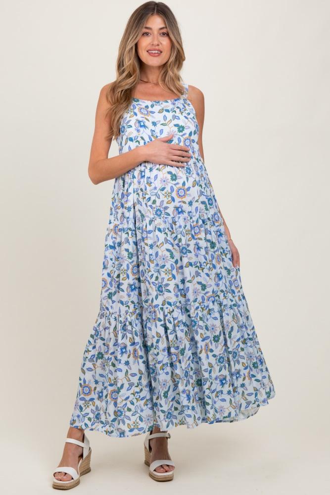 blue floral sleeveless tiered maternity maxi dress
