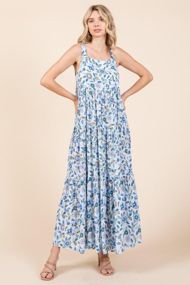 blue floral sleeveless tiered maxi dress