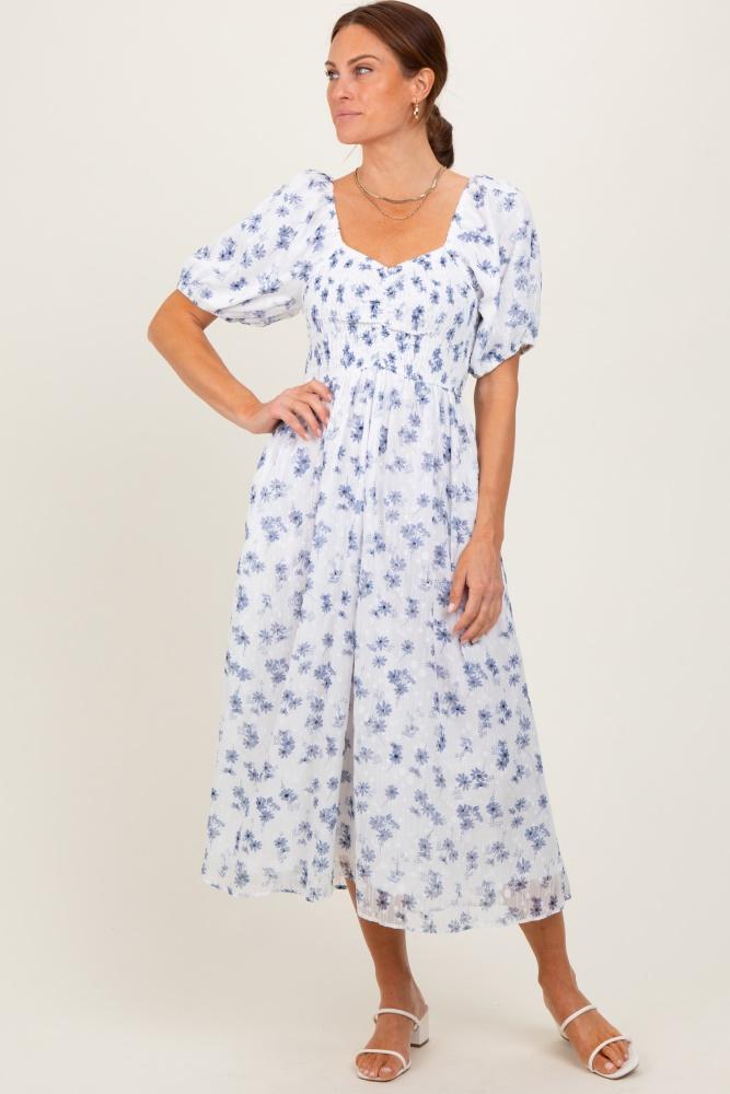 blue floral smocked bodice midi dress