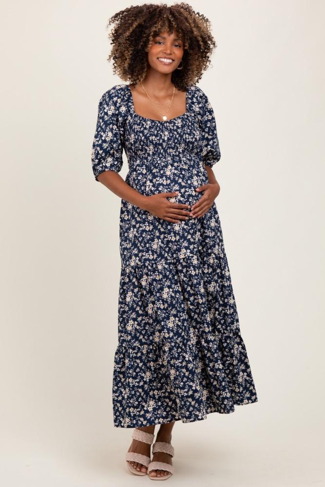 blue floral smocked puff sleeve maternity maxi dress