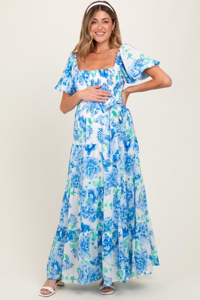 blue floral smocked puff sleeve maternity maxi dress