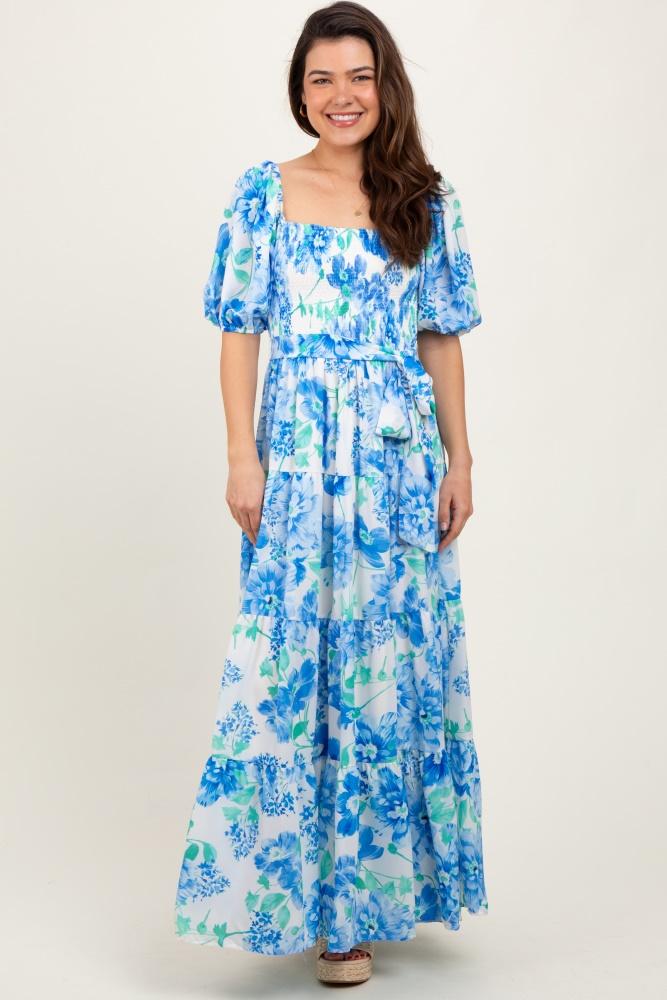 blue floral smocked puff sleeve maxi dress