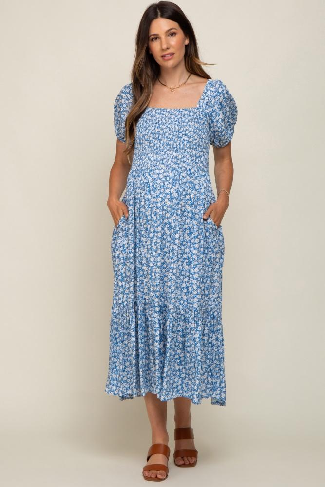 blue floral smocked short sleeve maternity midi dress