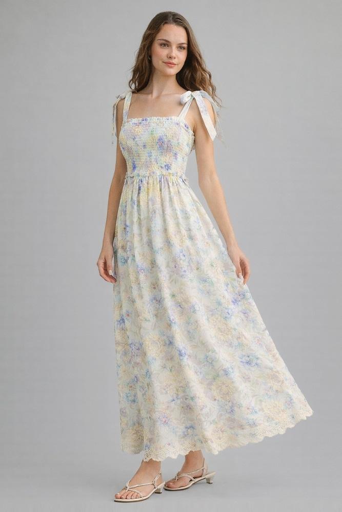blue floral smocked shoulder tie maxi dress