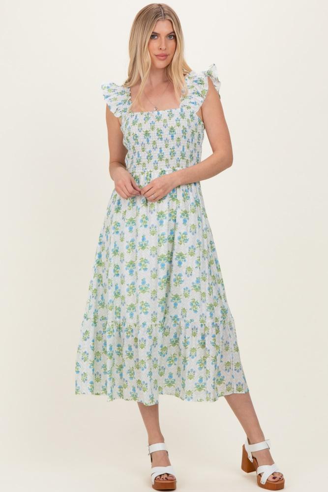blue floral smocked sleeveless midi dress