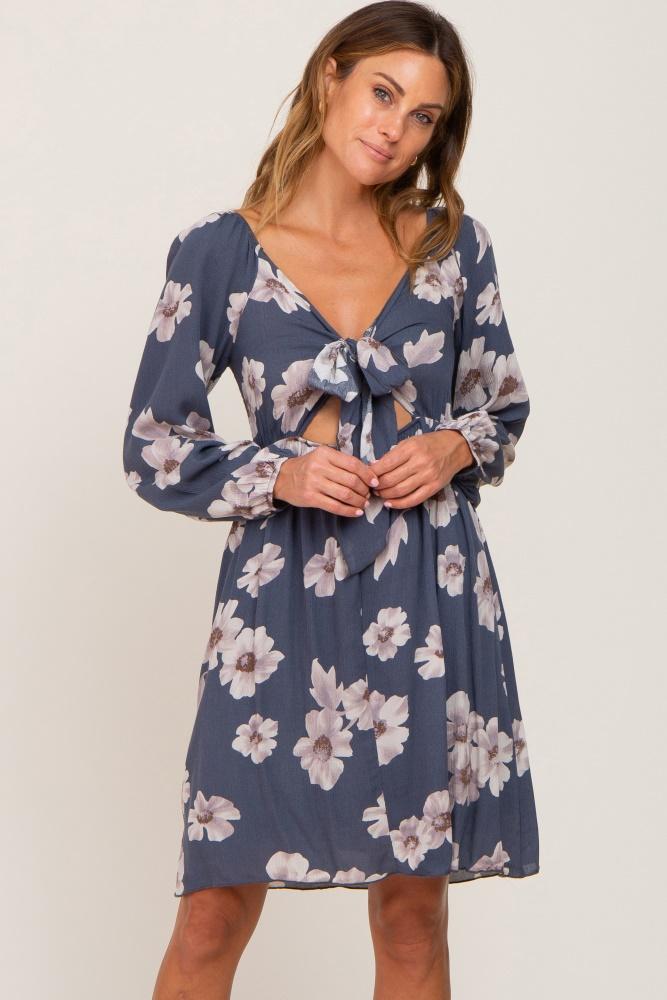 blue floral smocked tie back dress