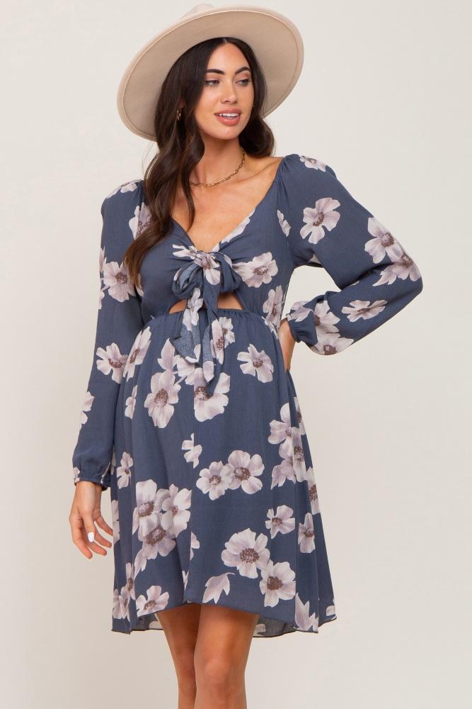 blue floral smocked tie back maternity dress