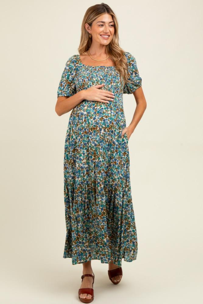 blue floral smocked tiered maternity midi dress