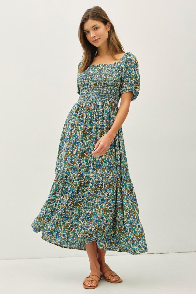 blue floral smocked tiered midi dress