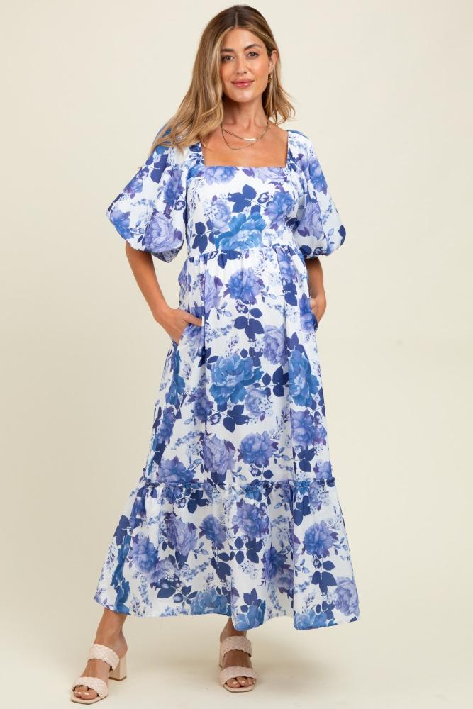 blue floral square neck puffed sleeve maternity maxi dress