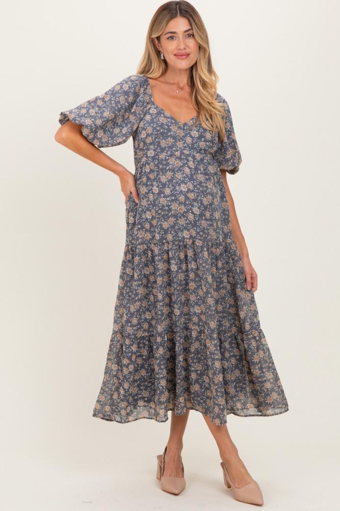blue floral sweetheart neckline puff sleeve maternity maxi dress