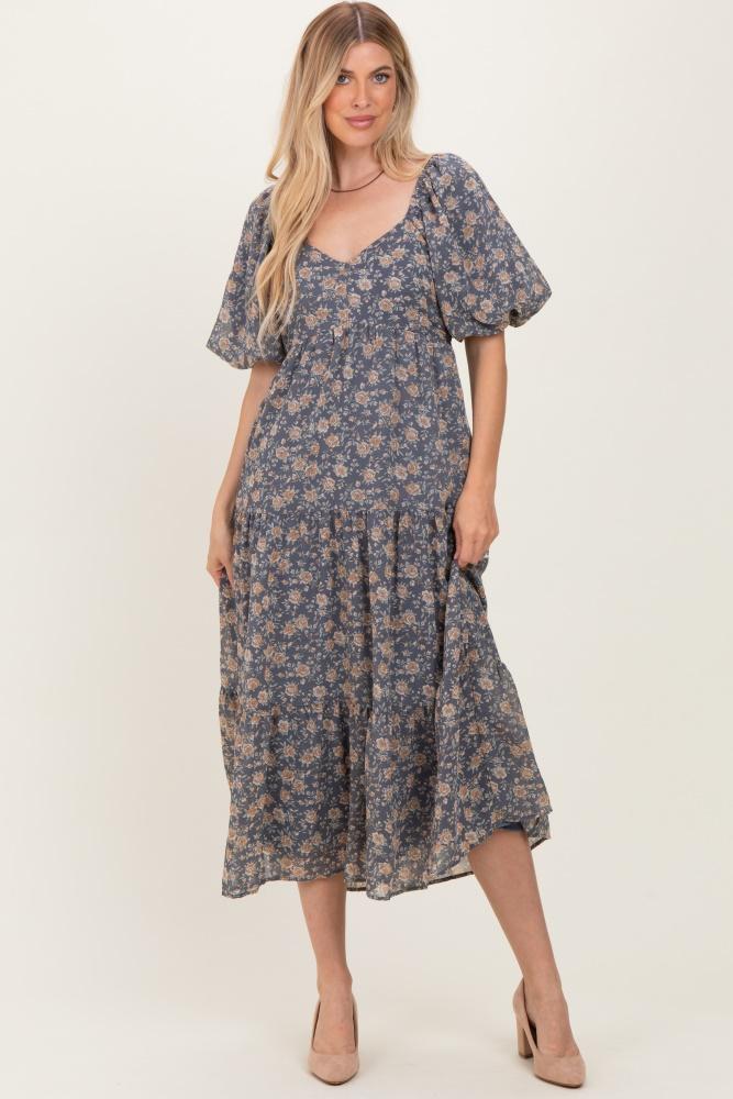 blue floral sweetheart neckline puff sleeve maxi dress
