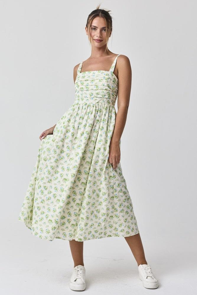 blue floral textured dot square neck midi dress