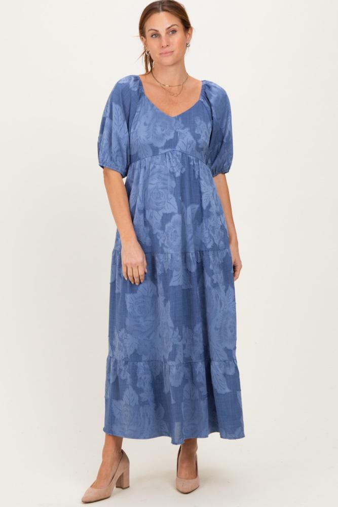 blue floral textured tiered midi dress