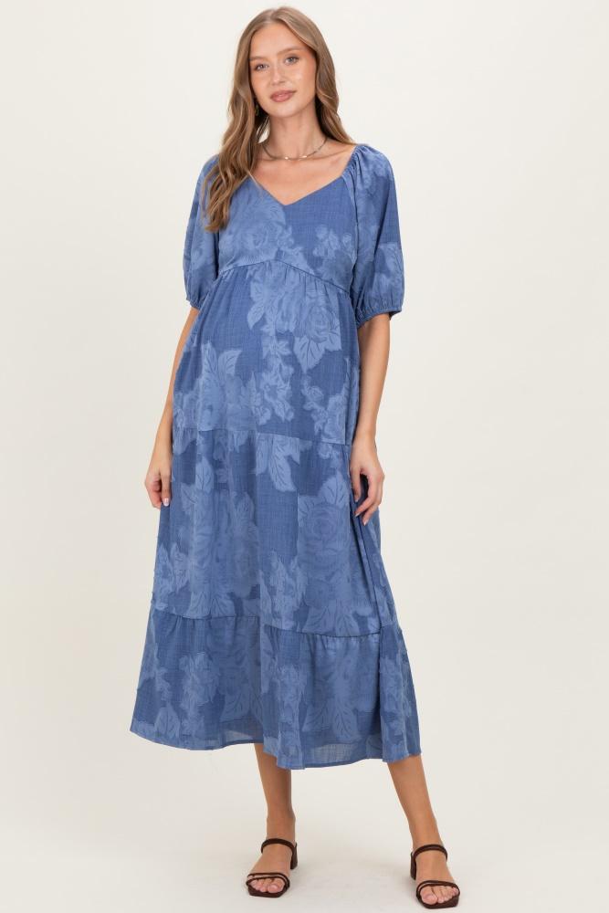 blue floral textured tiered midi maternity dress