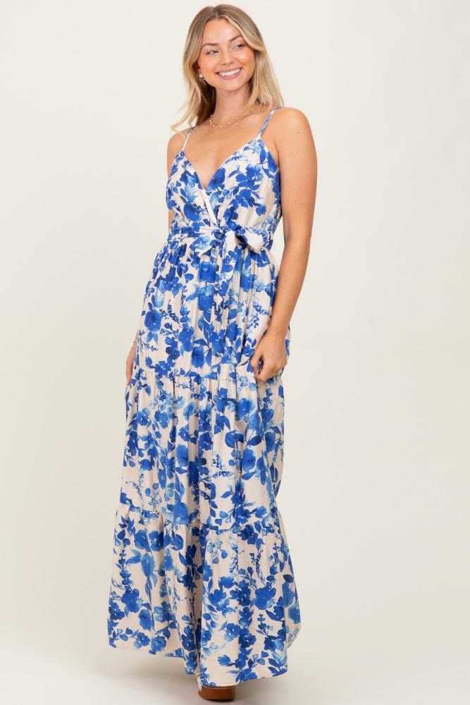 blue floral tiered sleeveless sash tie maxi dress