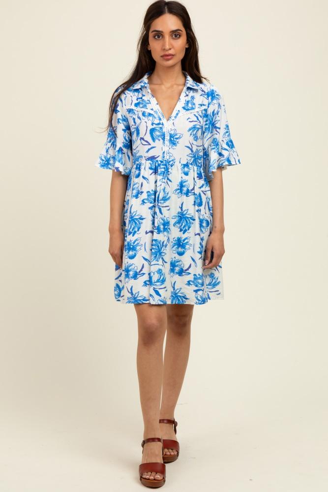 blue floral v-neck crochet trim dress