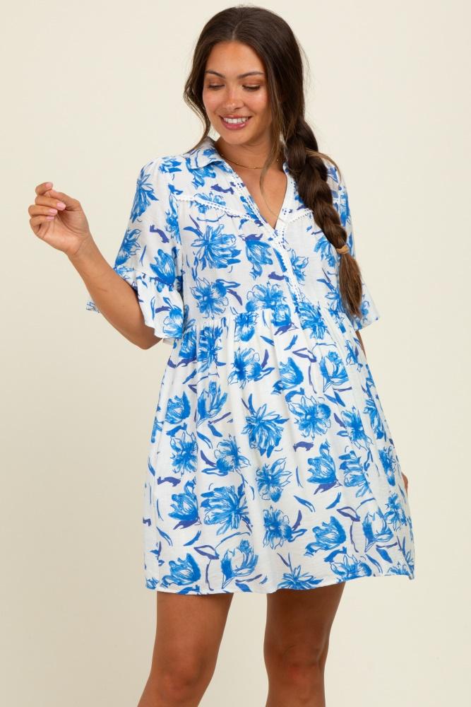 blue floral v-neck crochet trim maternity dress