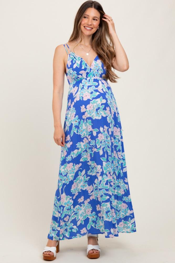 blue floral v-neck double strap maternity maxi dress