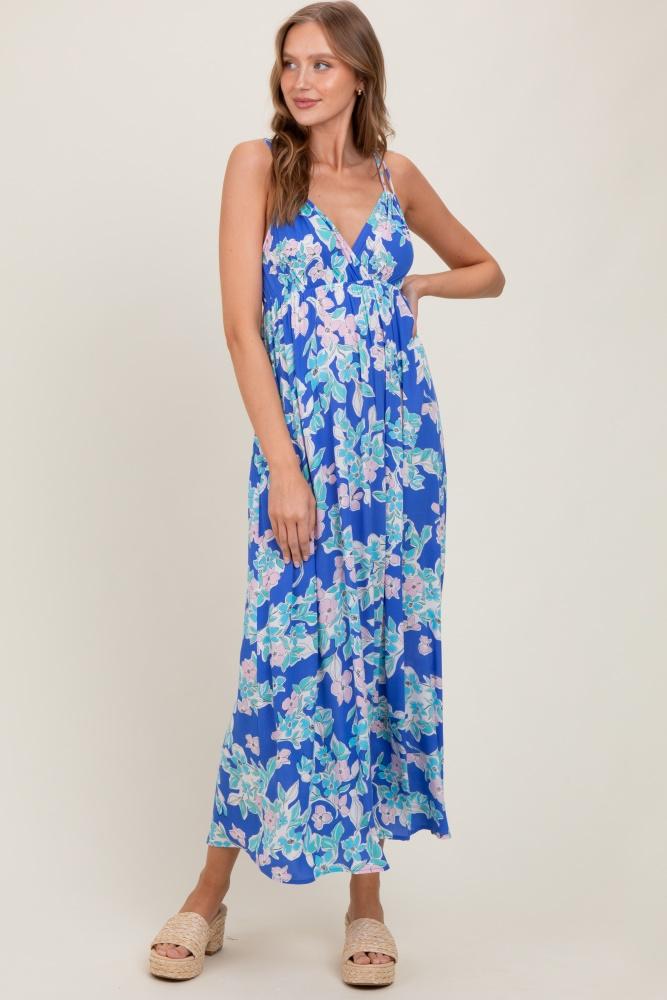 blue floral v-neck double strap maxi dress