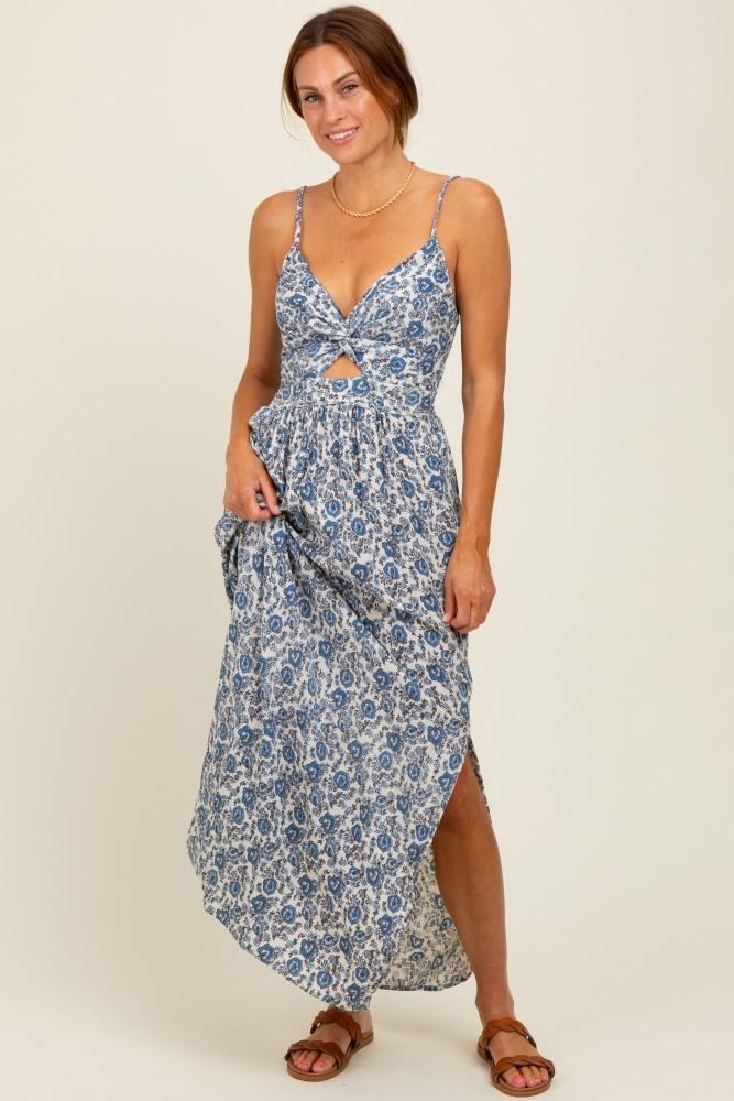 blue floral v-neck twist front keyhole maxi dress