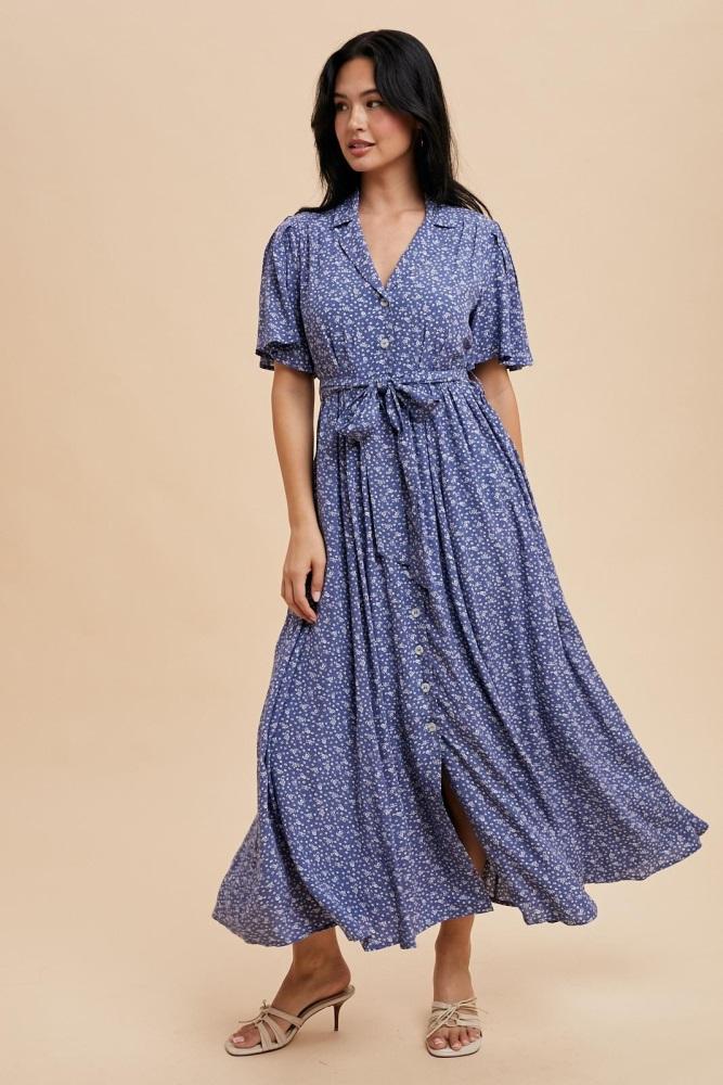 blue flutter sleeve button down maxi dress