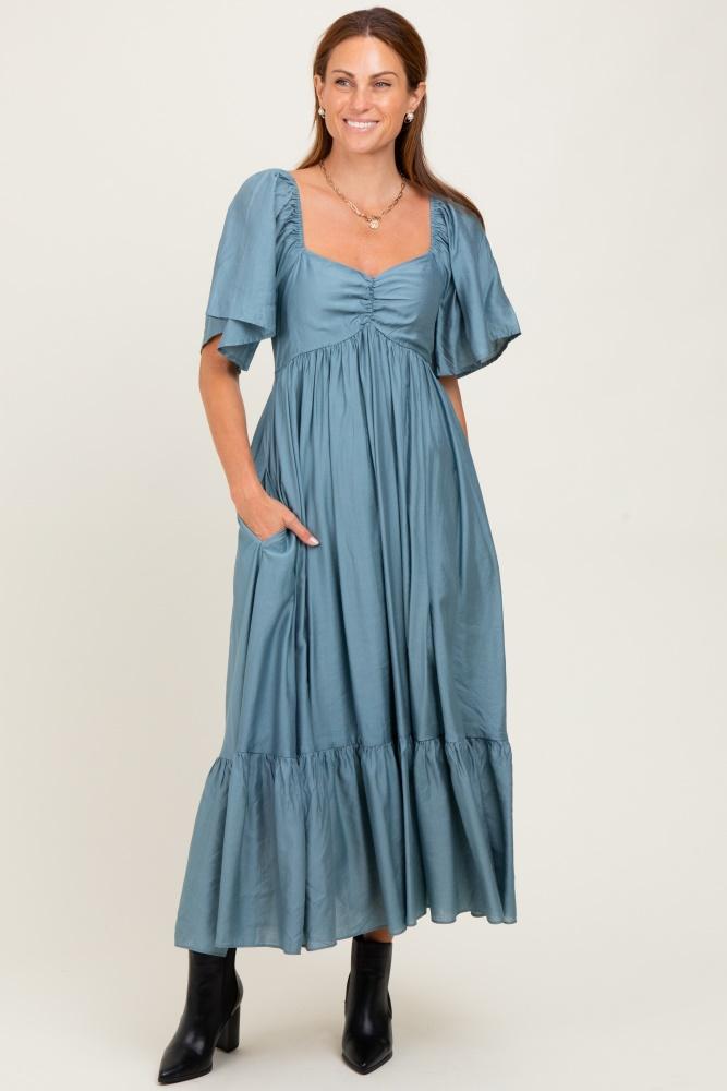 blue flutter sleeve ruffle hem midi dress