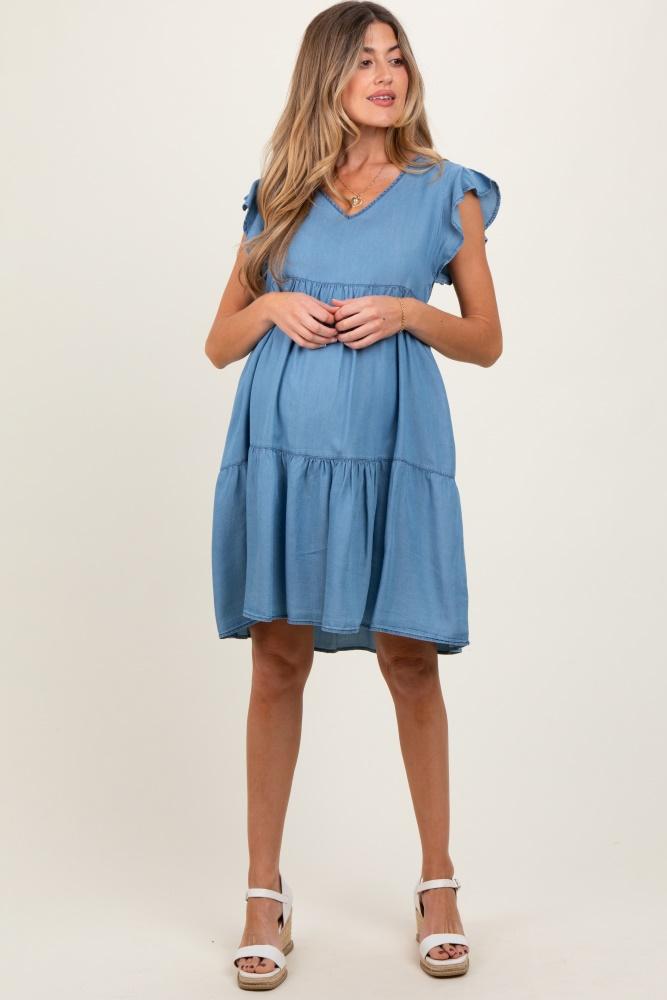 blue flutter sleeve tiered maternity dress