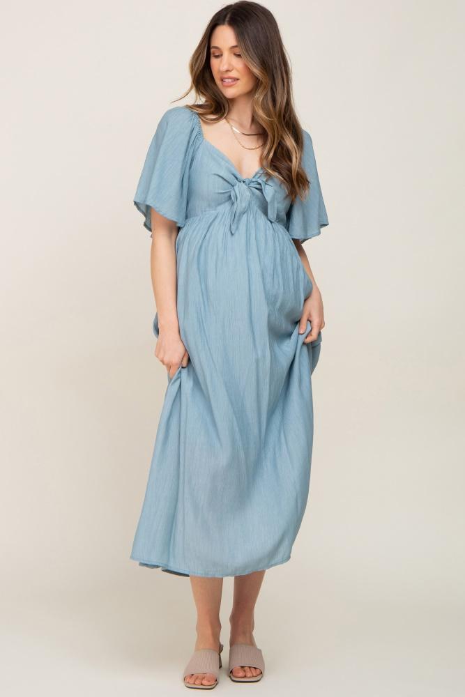 blue front tie ruffle sleeve maternity midi dress