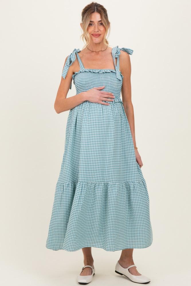 blue gingham smocked shoulder tie maternity midi dress