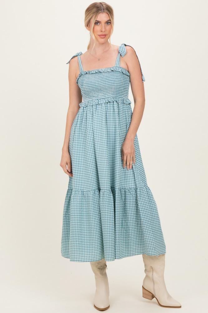 blue gingham smocked shoulder tie midi dress