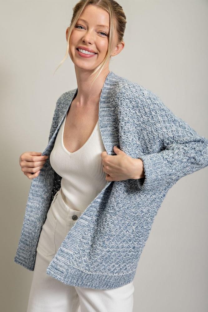 blue knit cuffed cardigan