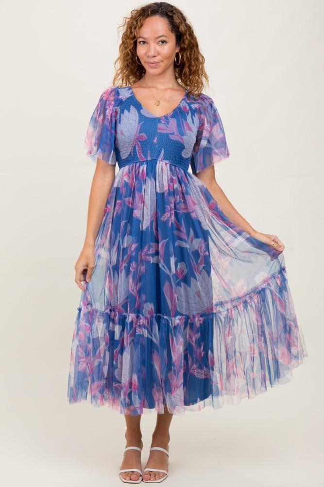 blue leaf print mesh smocked midi dress