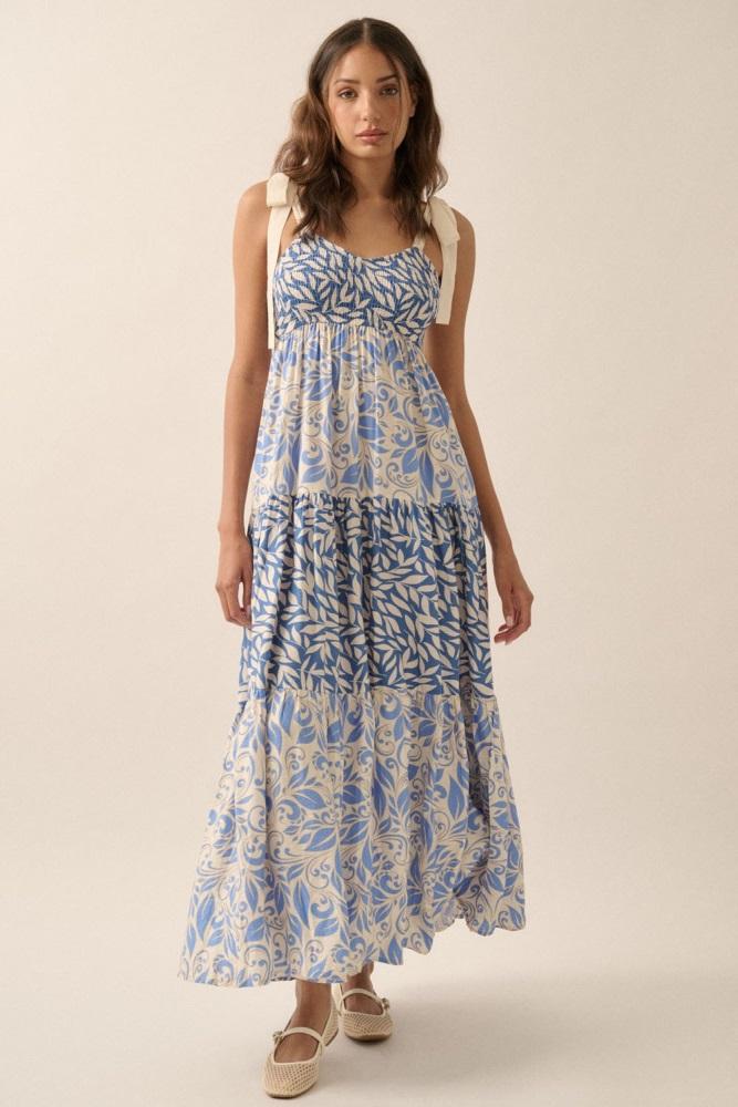blue leaf print smocked shoulder tie tiered maxi dress