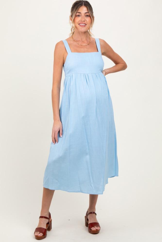 blue linen blend square neck maternity midi dress