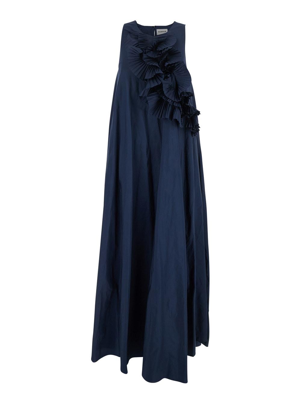 blue long dress with ruffles on the front in tech fabric woman