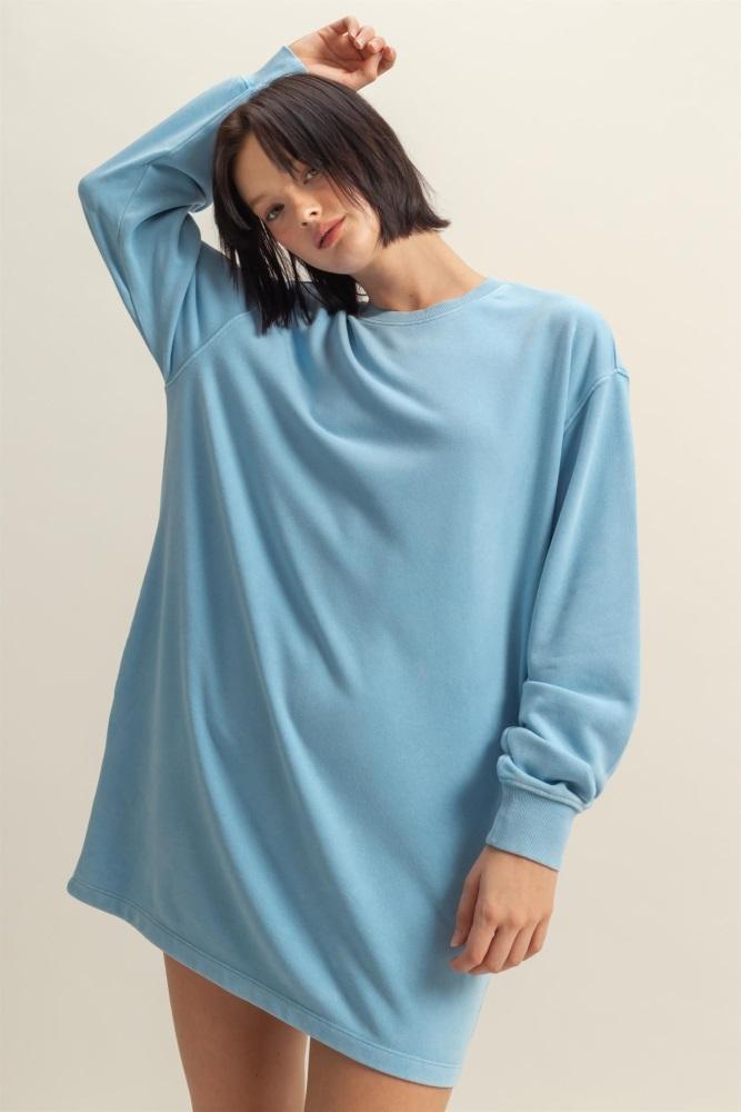 blue long sleeve oversized sweatshirt mini dress
