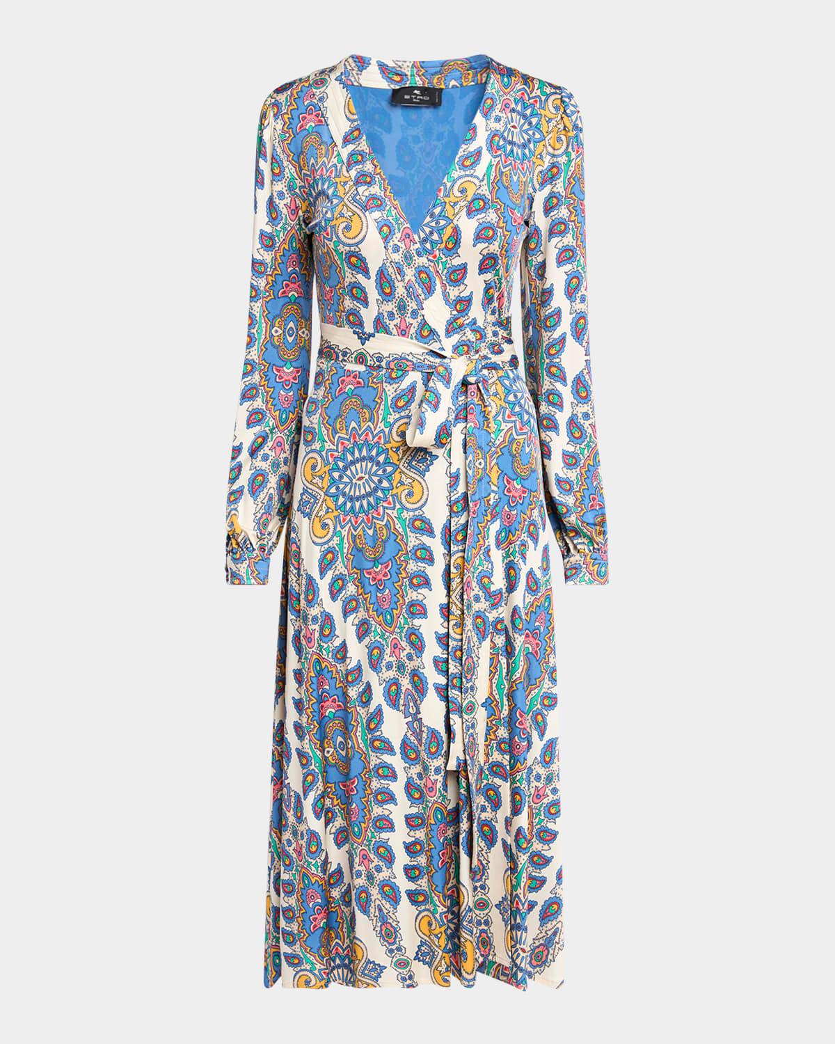 blue medallion jersey midi wrap dress