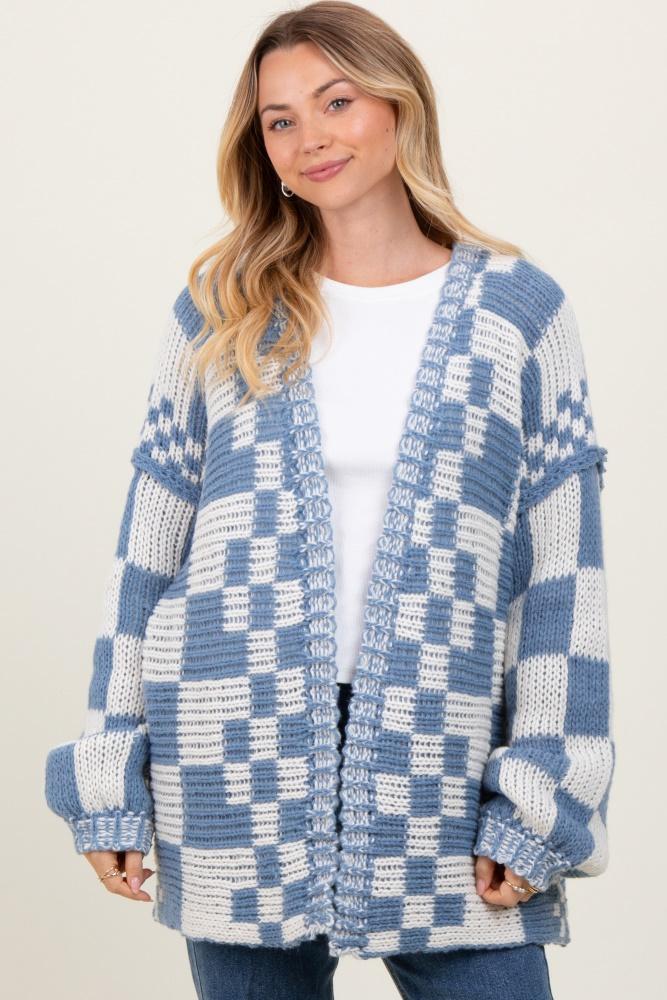 blue mixed check pattern chunky cardigan