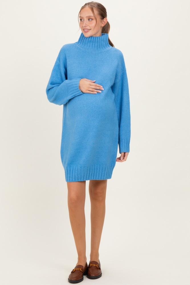 blue mock neck long sleeve maternity sweater dress