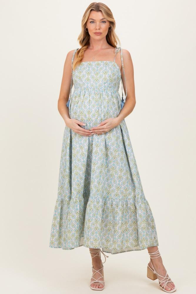 blue multi garden floral open-back with bow cotton maternity midi dress