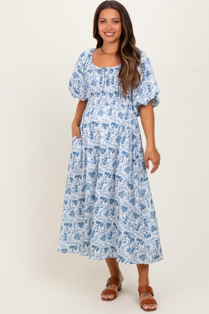 blue multi printed floral maternity maxi dress