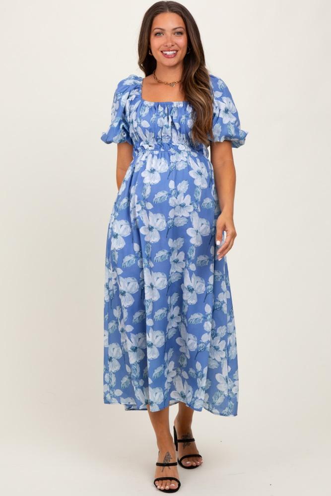 blue multi printed floral square neck maternity midi dress