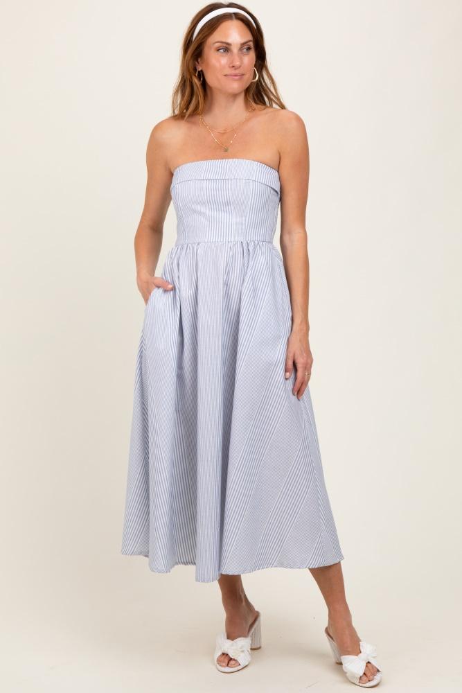 blue multi stripe strapless midi dress