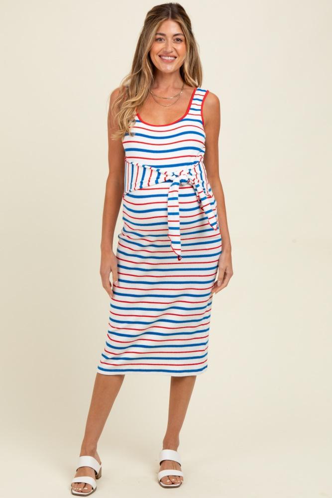 blue multi striped sleeveless maternity midi dress